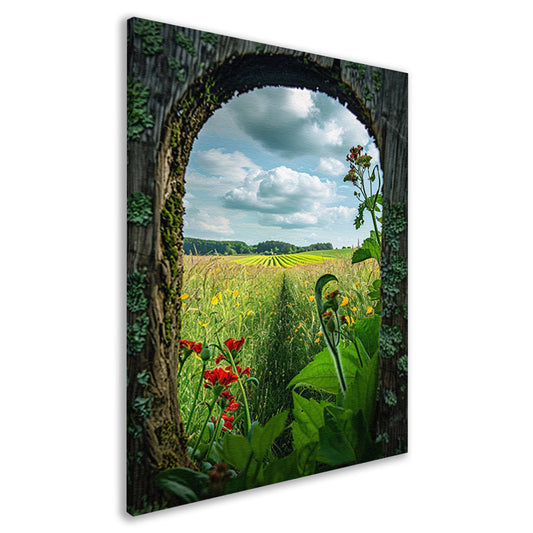 Kleurrijk landschap door houten venster canvas