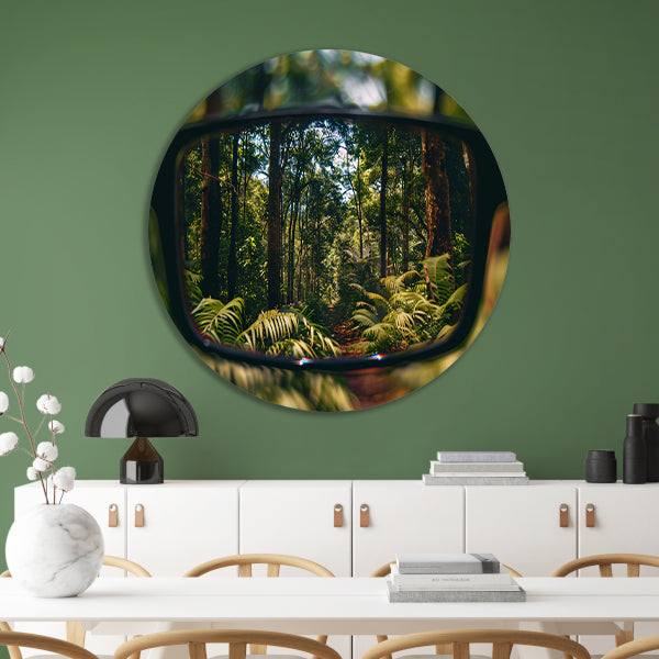 Reflectie van een boslandschap in een bril aluminium muurcirkel