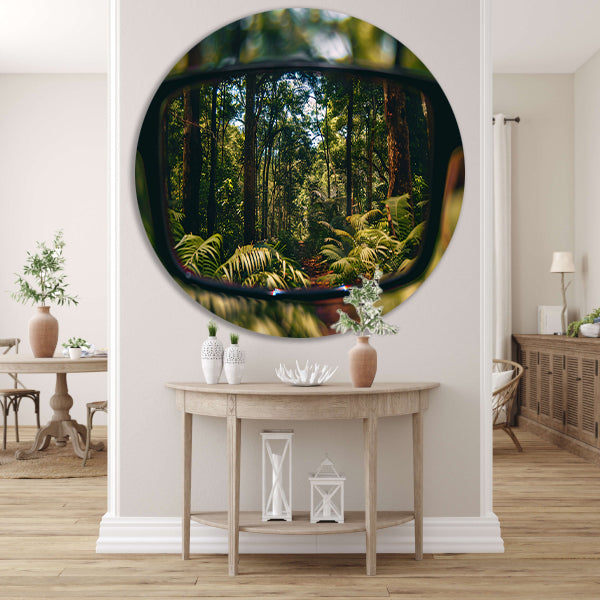 Reflectie van een boslandschap in een bril aluminium muurcirkel