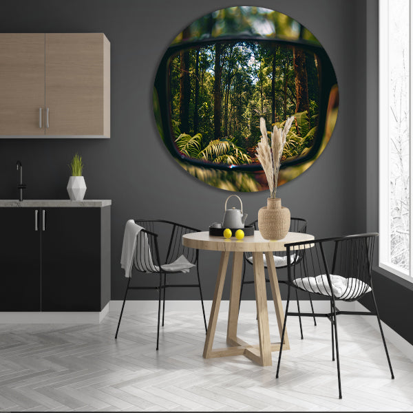 Reflectie van een boslandschap in een bril aluminium muurcirkel