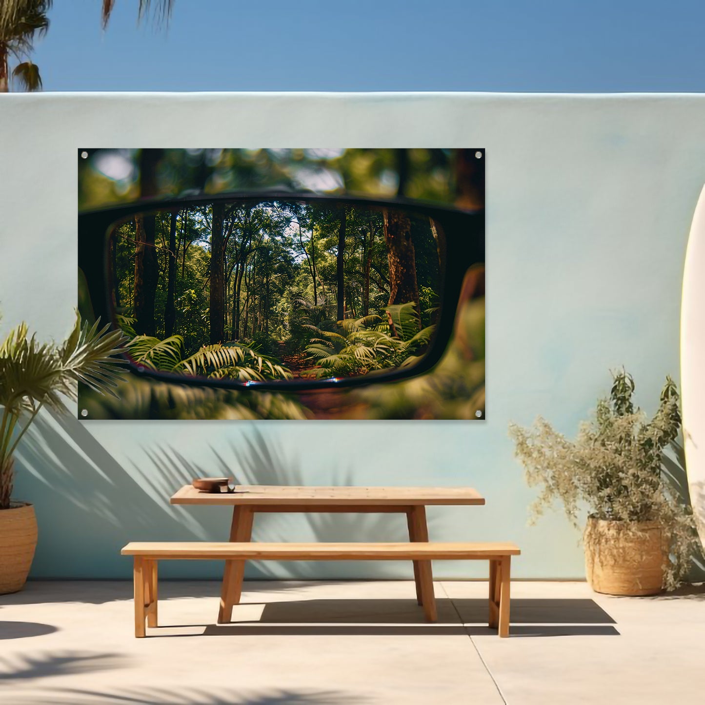 Reflectie van een boslandschap in een bril tuinposter