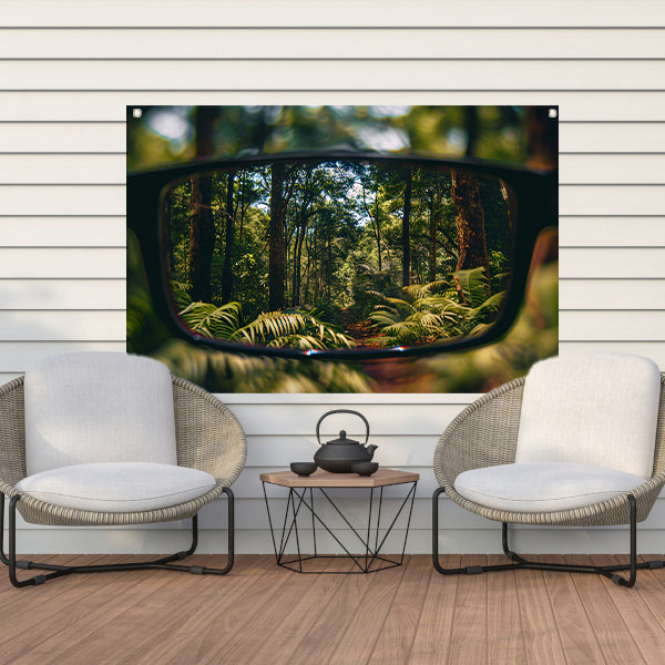Reflectie van een boslandschap in een bril tuinposter