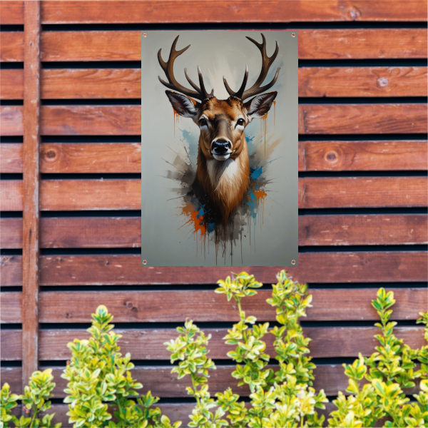 Expressief Hertenportret met Kleurrijke Spatten tuinposter