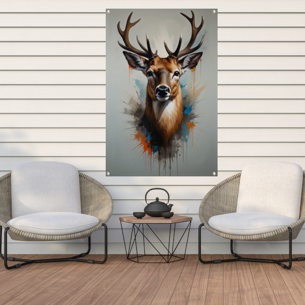 Expressief Hertenportret met Kleurrijke Spatten tuinposter