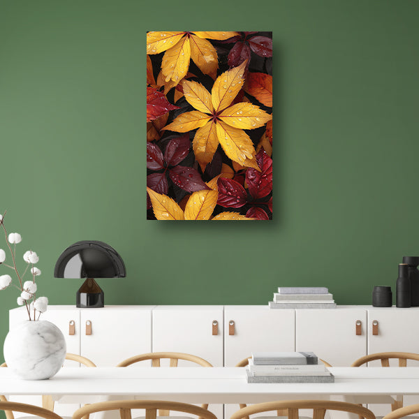 Kleurrijk herfstbladeren met waterdruppels canvas