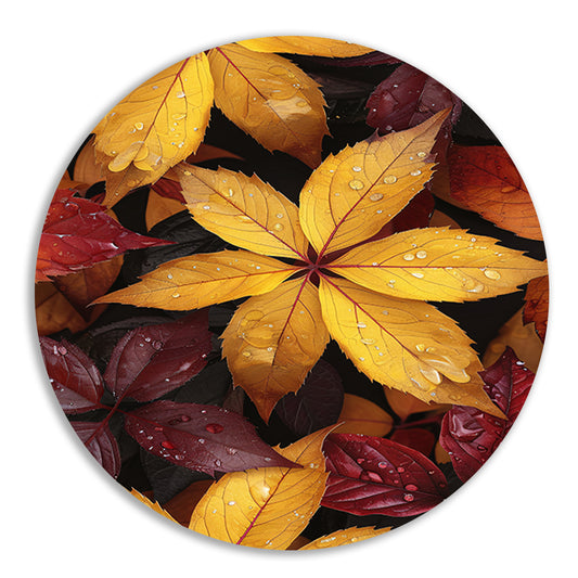 Kleurrijk herfstbladeren met waterdruppels aluminium muurcirkel