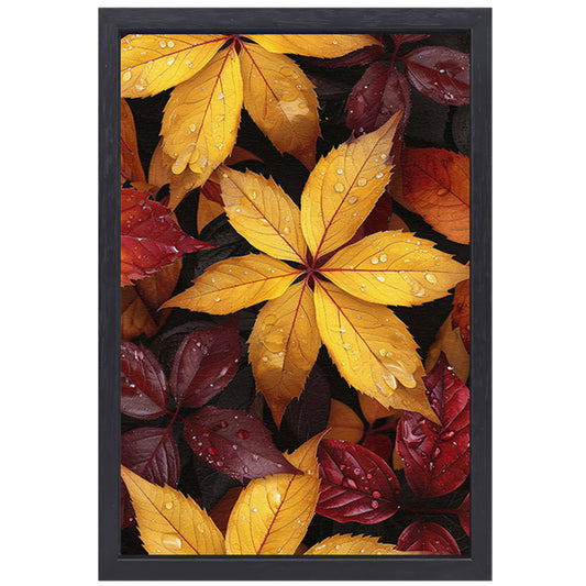 Kleurrijk herfstbladeren met waterdruppels canvas met baklijst