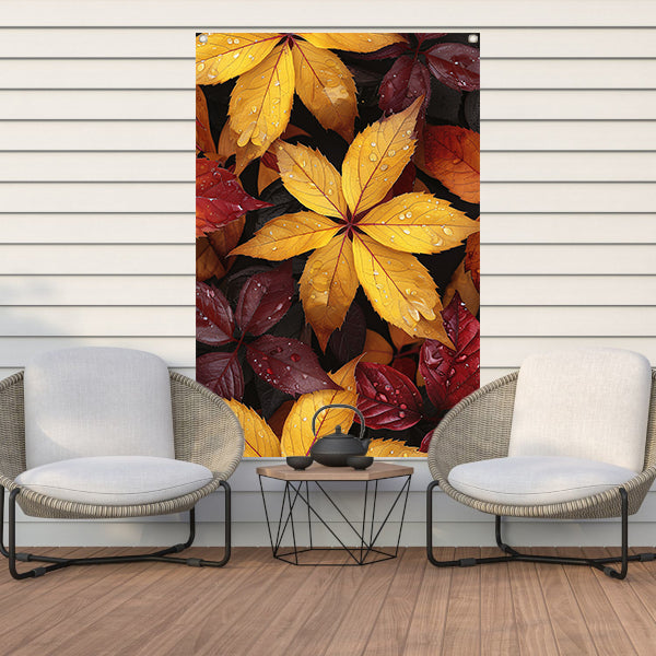 Kleurrijk herfstbladeren met waterdruppels tuinposter