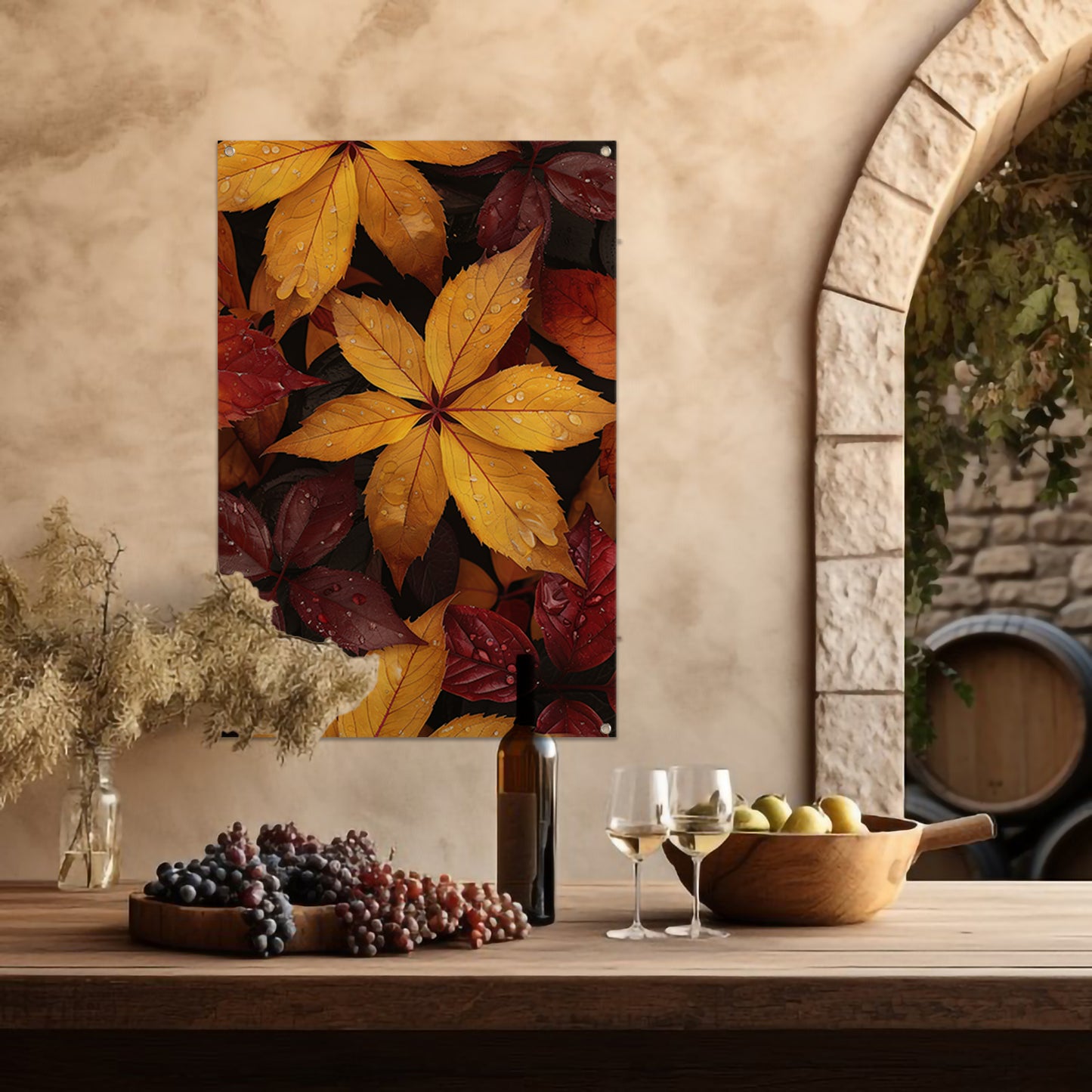 Kleurrijk herfstbladeren met waterdruppels tuinposter