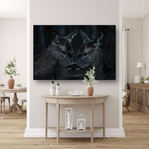 Twee herten in een donker bos acrylglas