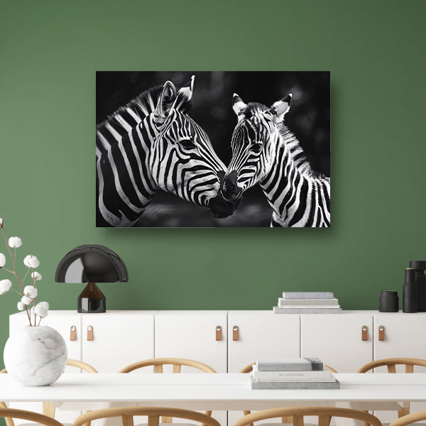 Intieme ontmoeting zebra moeder en jong poster
