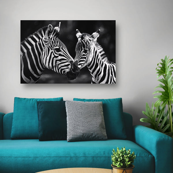 Intieme ontmoeting zebra moeder en jong poster