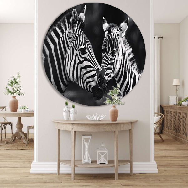 Intieme ontmoeting zebra moeder en jong aluminium muurcirkel