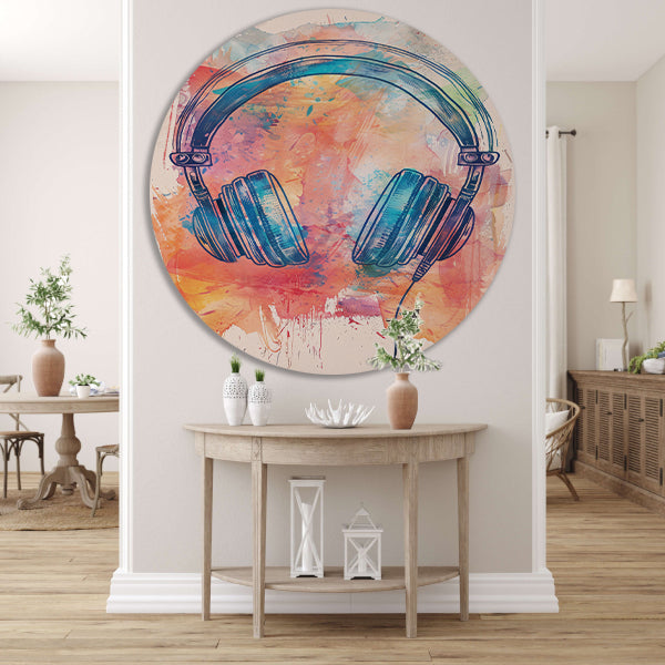 Abstract Koptelefoon met Verfspatten aluminium muurcirkel
