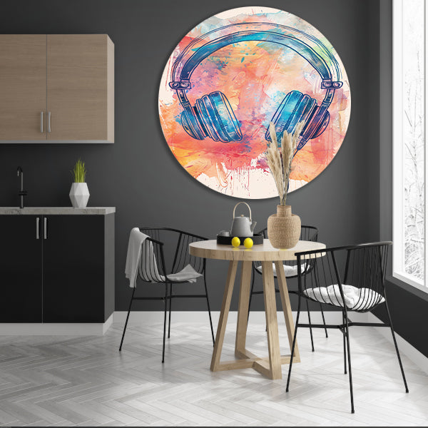 Abstract Koptelefoon met Verfspatten aluminium muurcirkel