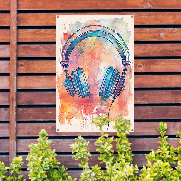 Abstract Koptelefoon met Verfspatten tuinposter