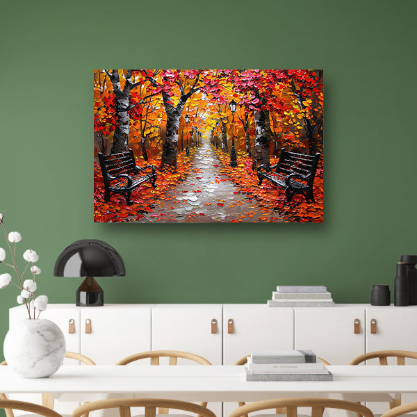 Herfstpark met kleurrijke bomen en bankjes poster
