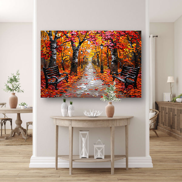 Herfstpark met kleurrijke bomen en bankjes poster