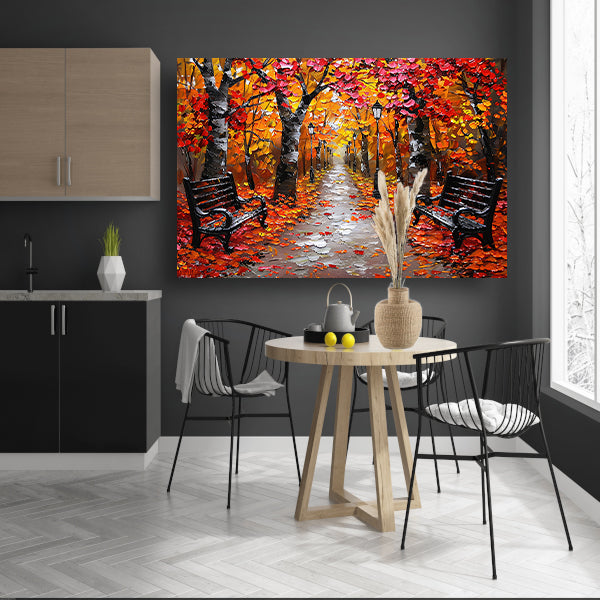 Herfstpark met kleurrijke bomen en bankjes poster