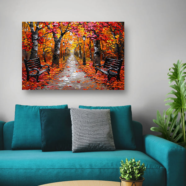 Herfstpark met kleurrijke bomen en bankjes poster