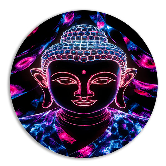 Kleurrijk neon Boeddha kunstwerk aluminium muurcirkel