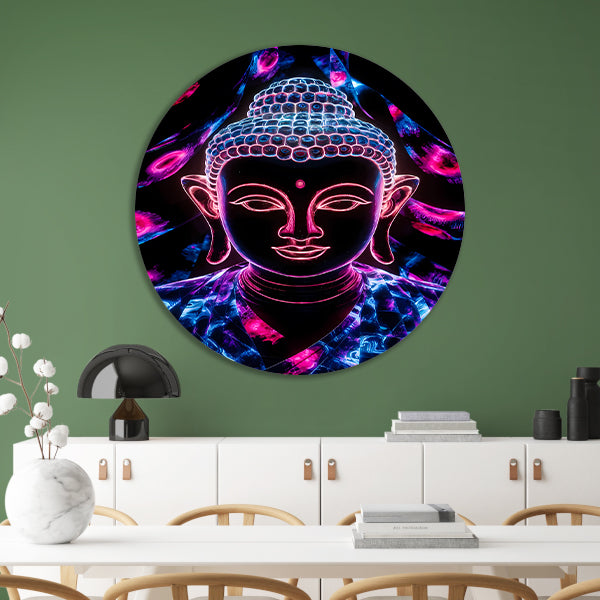 Kleurrijk neon Boeddha kunstwerk aluminium muurcirkel