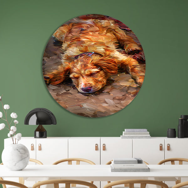 Schilderij van een slapende puppy met bril forex muurcirkel