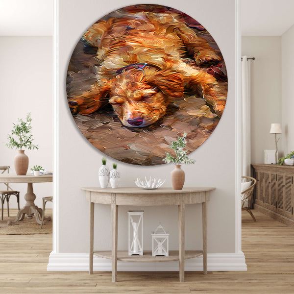 Schilderij van een slapende puppy met bril forex muurcirkel
