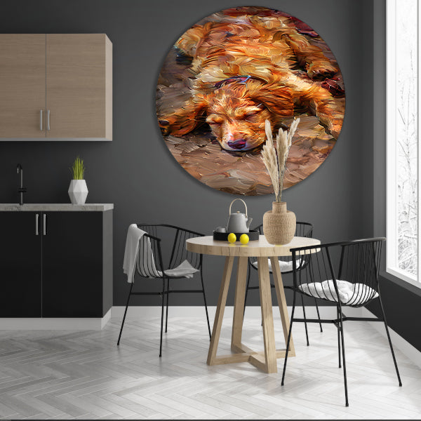 Schilderij van een slapende puppy met bril forex muurcirkel