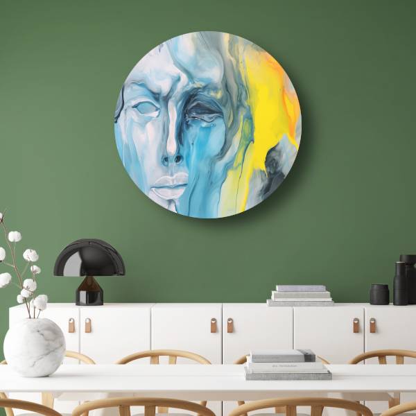 Emotionele Abstractie in Blauw en Geel aluminium muurcirkel