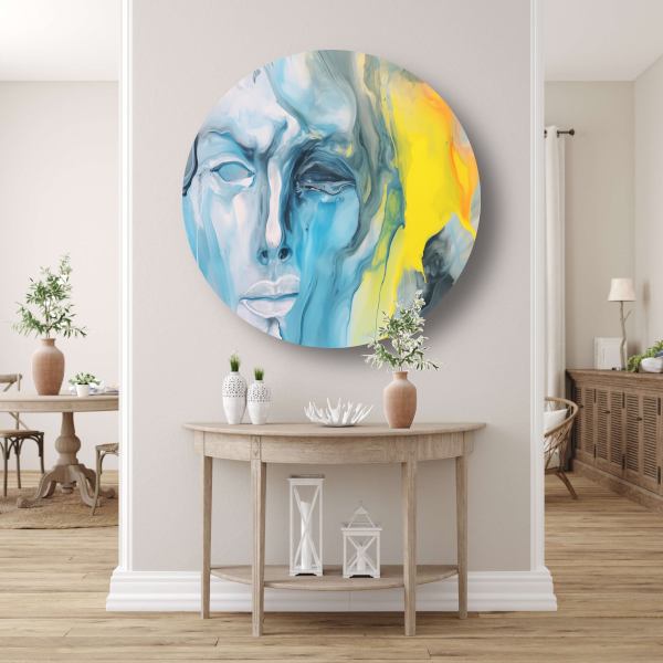 Emotionele Abstractie in Blauw en Geel aluminium muurcirkel
