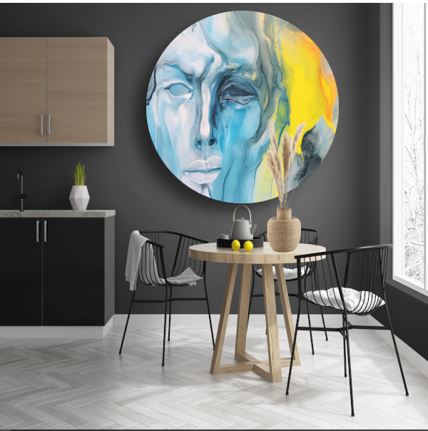 Emotionele Abstractie in Blauw en Geel aluminium muurcirkel