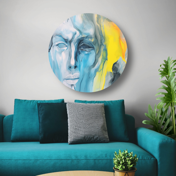 Emotionele Abstractie in Blauw en Geel aluminium muurcirkel