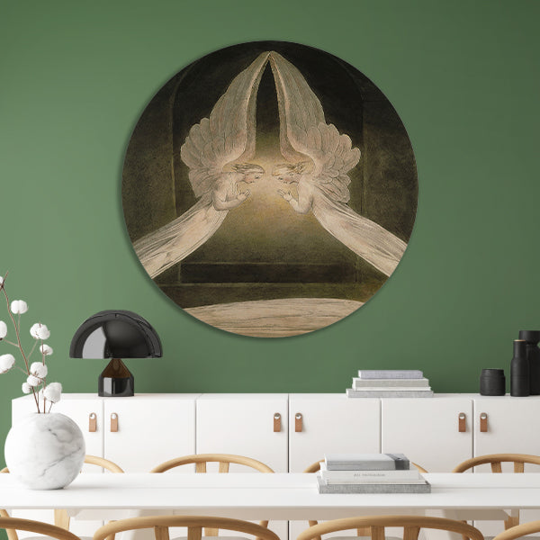 Christus in het graf, bewaakt door engelen - William Blake aluminium muurcirkel