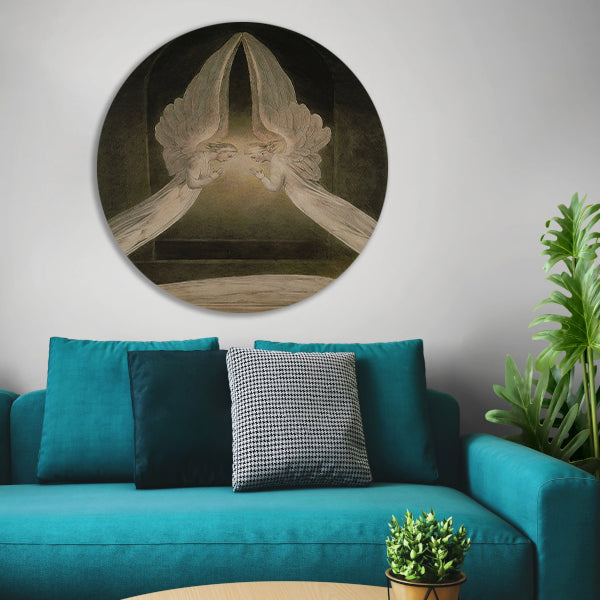Christus in het graf, bewaakt door engelen - William Blake aluminium muurcirkel