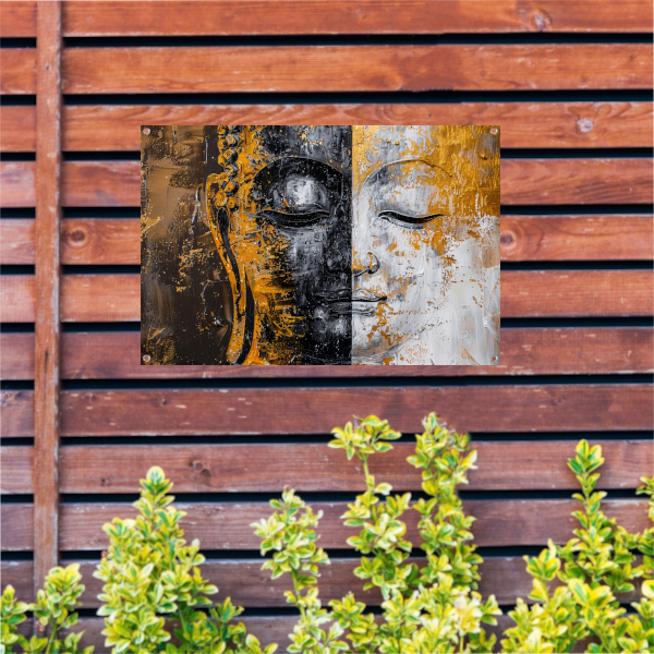 Abstracte Visie op Boeddha met Gouden en Zwarte Tinten tuinposter