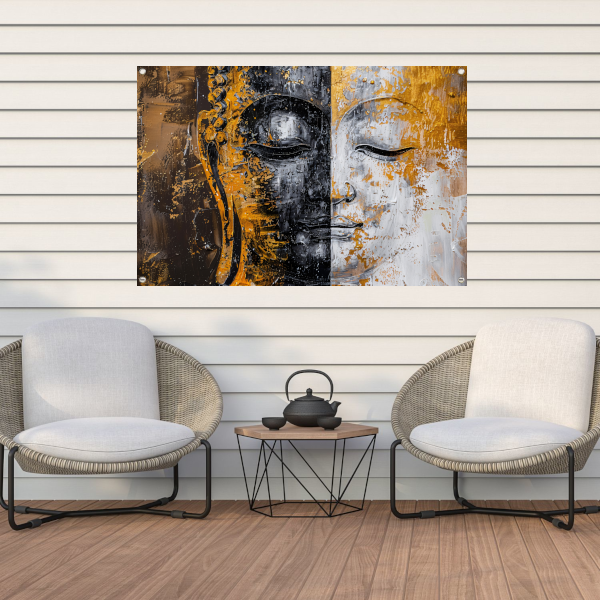Abstracte Visie op Boeddha met Gouden en Zwarte Tinten tuinposter