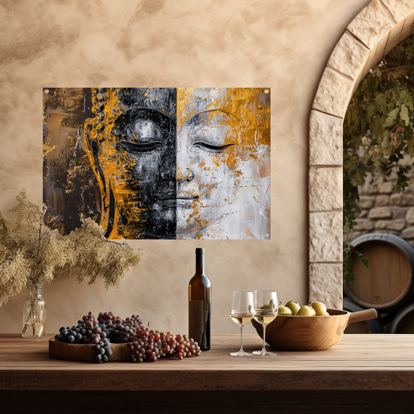Abstracte Visie op Boeddha met Gouden en Zwarte Tinten tuinposter