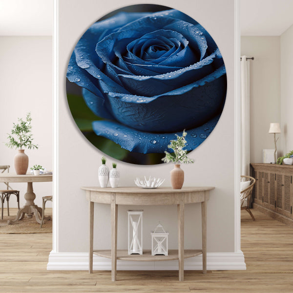 Blauwe roos bedauwd in ochtendlicht aluminium muurcirkel
