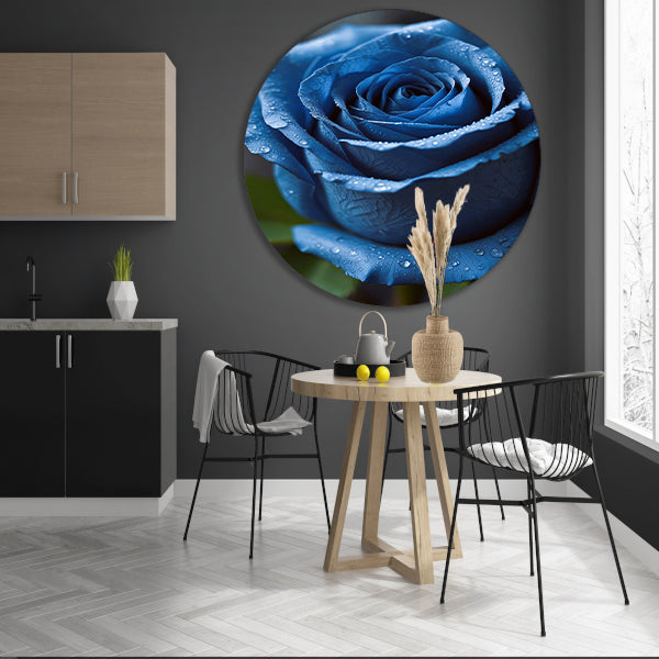 Blauwe roos bedauwd in ochtendlicht aluminium muurcirkel