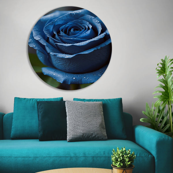 Blauwe roos bedauwd in ochtendlicht aluminium muurcirkel