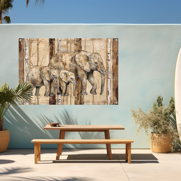 Sepia Olifanten Familie op Houttextuur tuinposter
