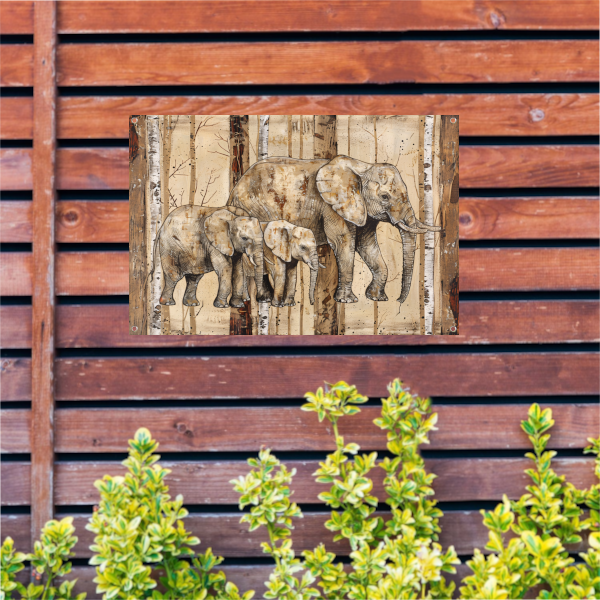 Sepia Olifanten Familie op Houttextuur tuinposter