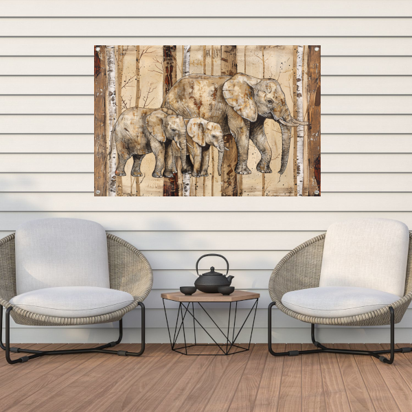 Sepia Olifanten Familie op Houttextuur tuinposter