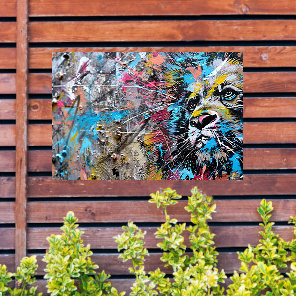 Abstracte leeuw in levendige graffiti-stijl tuinposter