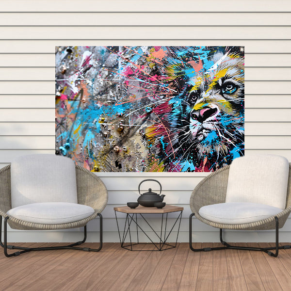 Abstracte leeuw in levendige graffiti-stijl tuinposter