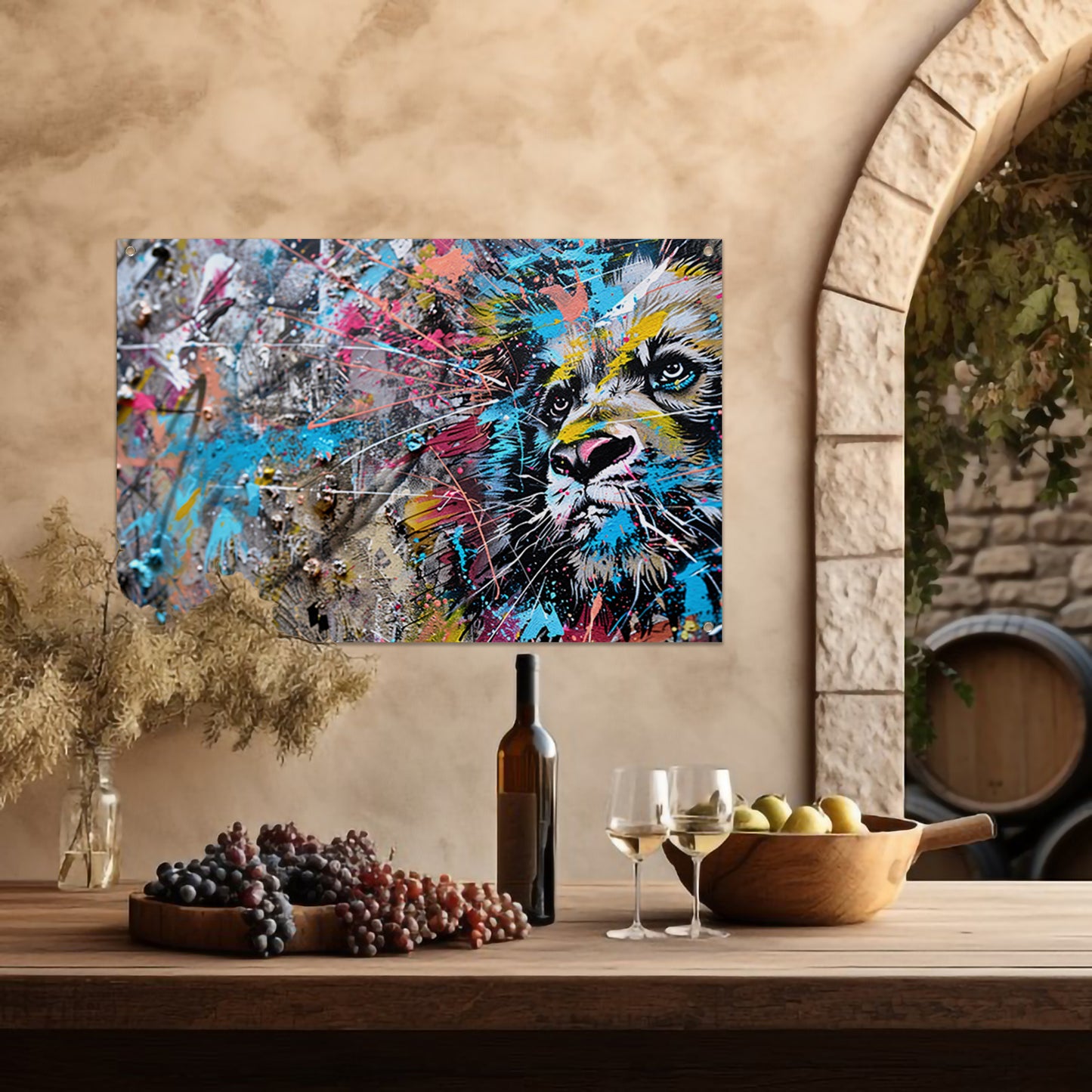 Abstracte leeuw in levendige graffiti-stijl tuinposter