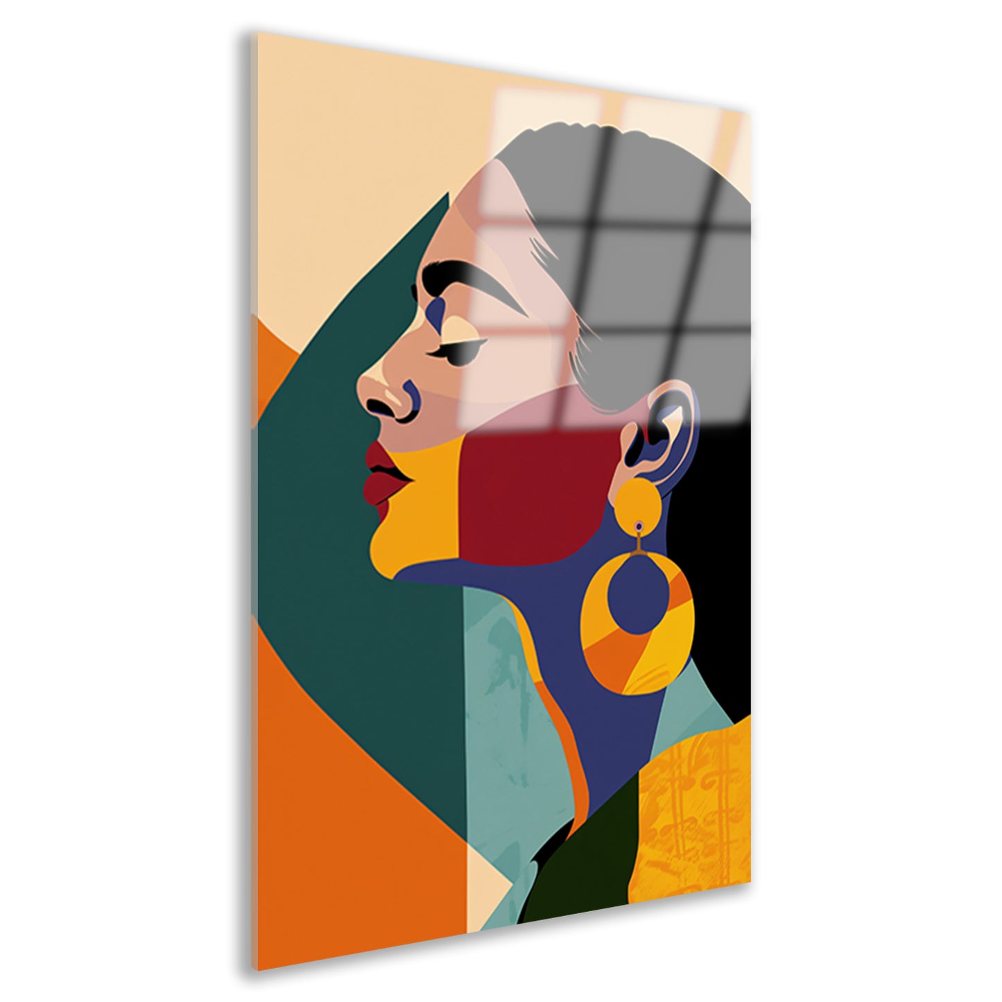 Elegante vrouw in kleurrijk, abstract geometrisch ontwerp acrylglas