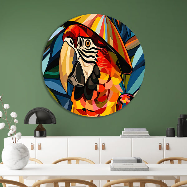 Kleurrijke abstracte papegaai met bladeren aluminium muurcirkel