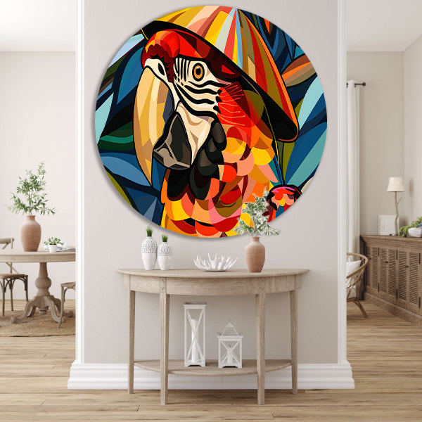 Kleurrijke abstracte papegaai met bladeren aluminium muurcirkel